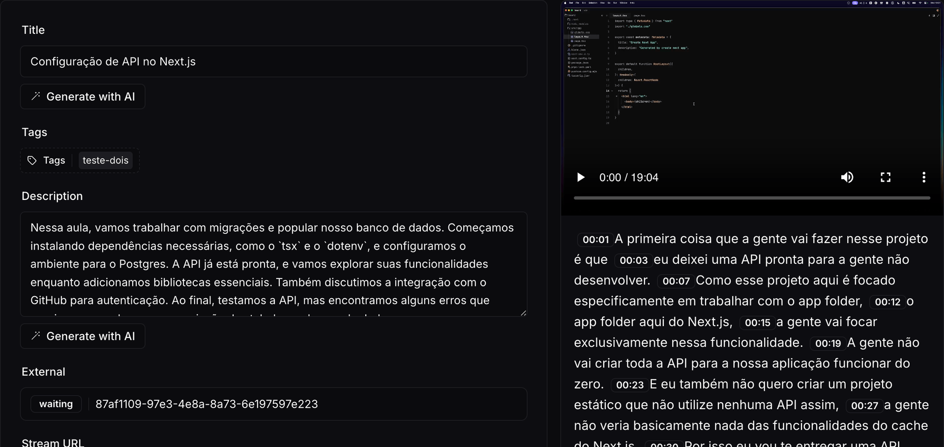 Ficha de edição de vídeo no Nivo com título, tags, descrição, botões Gerar com IA, player e transcrição