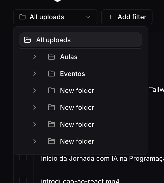Botão All uploads e lista de pastas no filtro da lista de uploads do Nivo