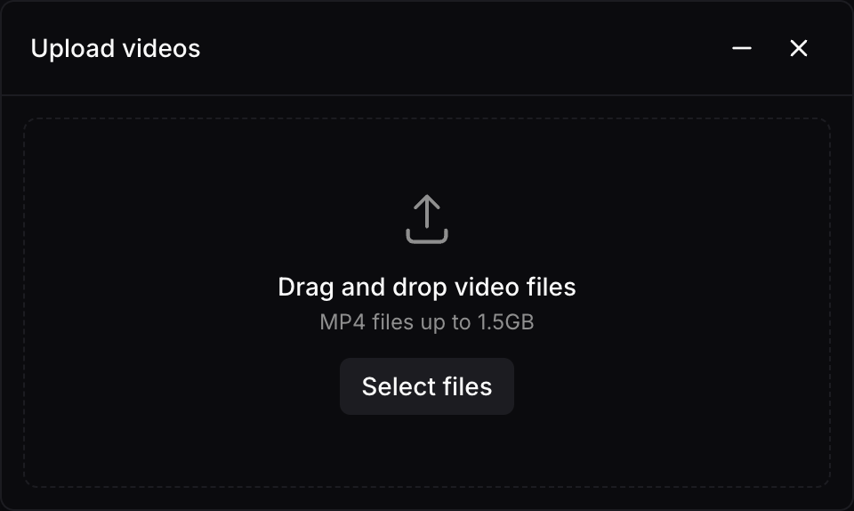 Painel Upload videos do Nivo com arrastar e soltar, limite de 1,5GB para MP4 e botão Select files